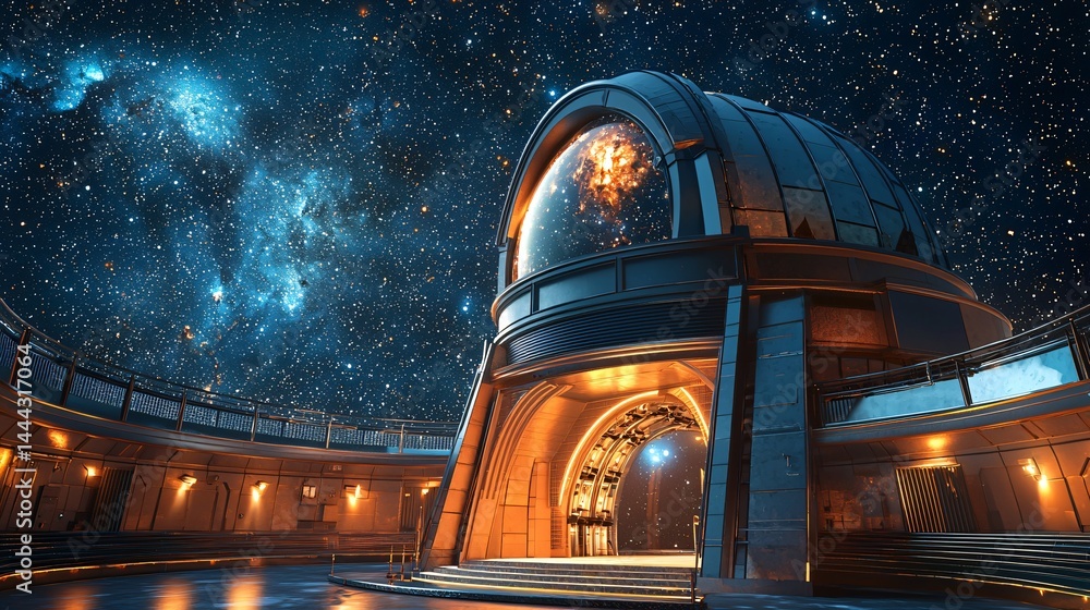 Poster ethereal space station equipped with advanced telescope gazing into the cosmic depths of the univers