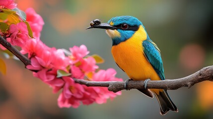 Obraz premium Colorful bird with insect, and pink flowers.