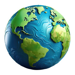 A stylized globe showing North and South America, Europe, and Africa with textured land and swirling blue oceans.