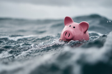 Piggy bank floating in rough sea symbolizing financial instability, economic uncertainty, and money management challenges during crisis