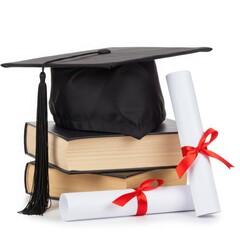 Graduation cap on books with diploma isolated on white background