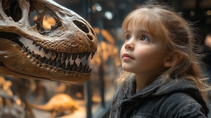 Awe-Inspiring Encounter: A Child's Wonder at a Dinosaur Fossil in a Museum
