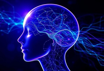 Translucent head, flowing blue & purple lines; abstract neural network visualization, backdrop, network