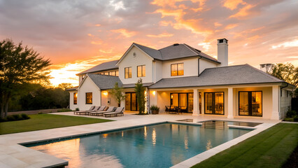 Golden Hour in Texas – Sunset lighting on a large white house with pool and soft beige roof

