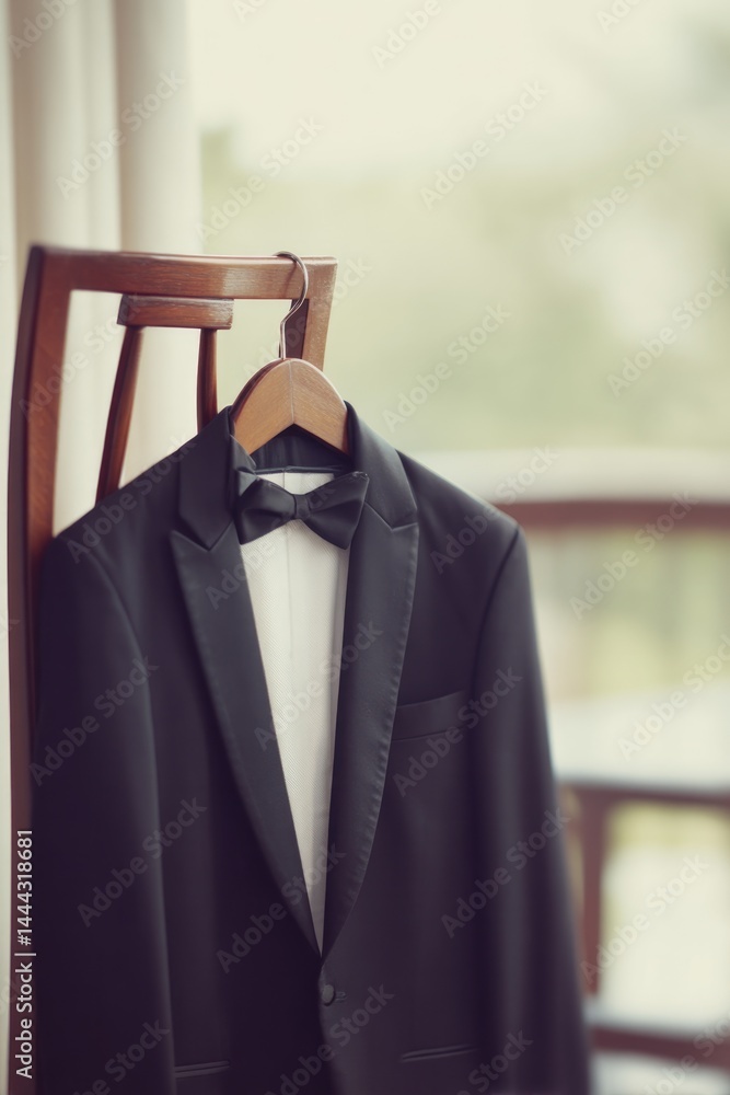 Poster minimalistic image of tuxedo hanging on chair symbolizing bachelor party with ample copy space