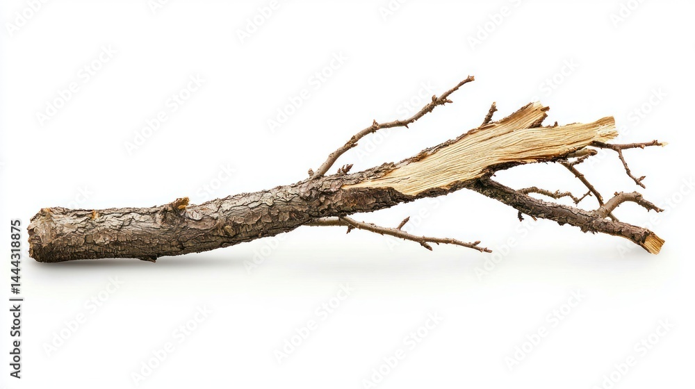 Poster broken tree with one remaining branch on white background.