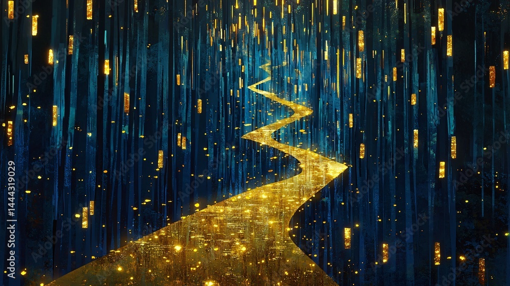 Poster serene stream of water flowing through a forest illuminated by soft yellow light creating a dreamlik