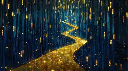 Obraz premium Serene stream of water flowing through a forest illuminated by soft yellow light creating a dreamlike and peaceful environment