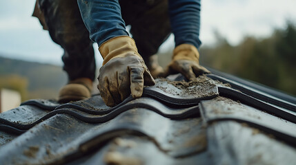 Roof Repair: Worker Installing Tiles