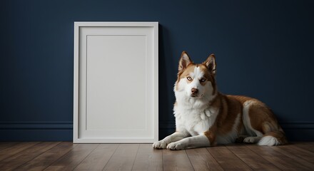 Red and White Husky Posing by Blank White Frame Against Dark Blue Wall