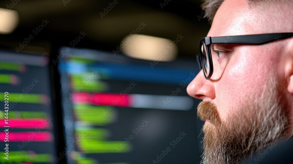 Poster focused man with glasses working on computer code displayed on dual monitors in a dimly lit office