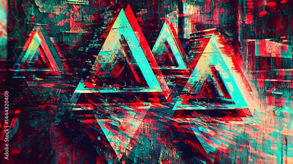Poster striking triangle shape set against a bold red and blue background in an abstract art piece featurin
