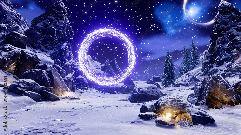 Poster enchanting snowy landscape featuring a circle of light creating a dreamlike and surreal atmosphere o