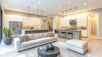 Fototapeta premium Modern living room and kitchen with sleek design