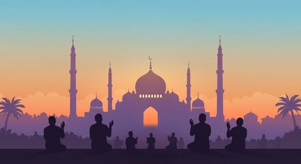 Praying People at Mosque Silhouette with Sunset Sky