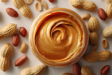 Peanut Butter Delight:  A close-up shot of creamy peanut butter in a glass jar, surrounded by peanuts in their shells, creates a tempting visual for nut butter lovers and fans of healthy snacks. 