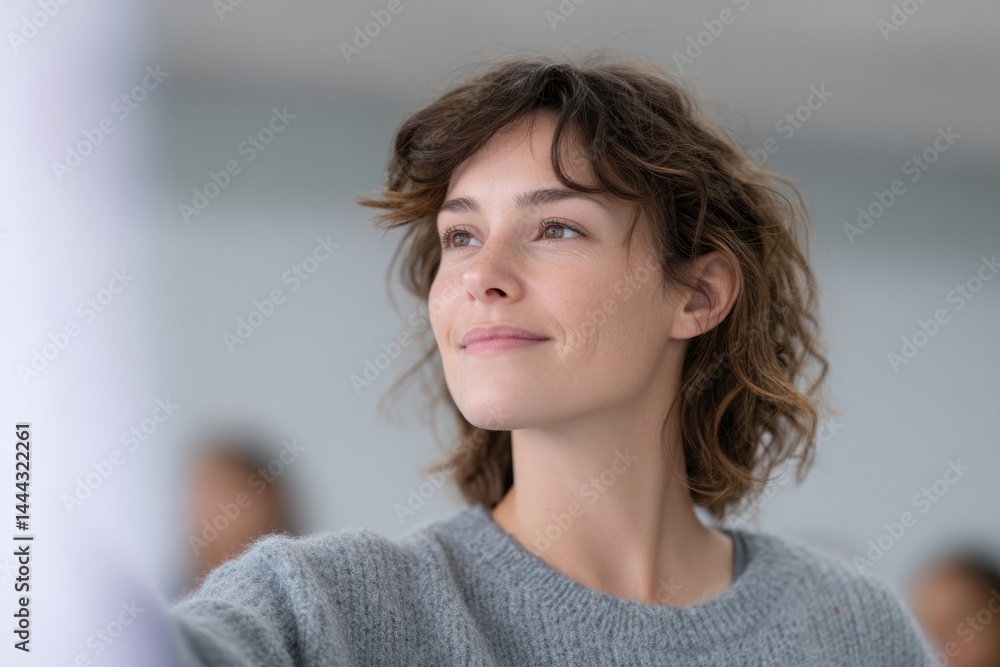 Poster student interacts with holographic display in modern classroom surrounded by blurred peers in backgr