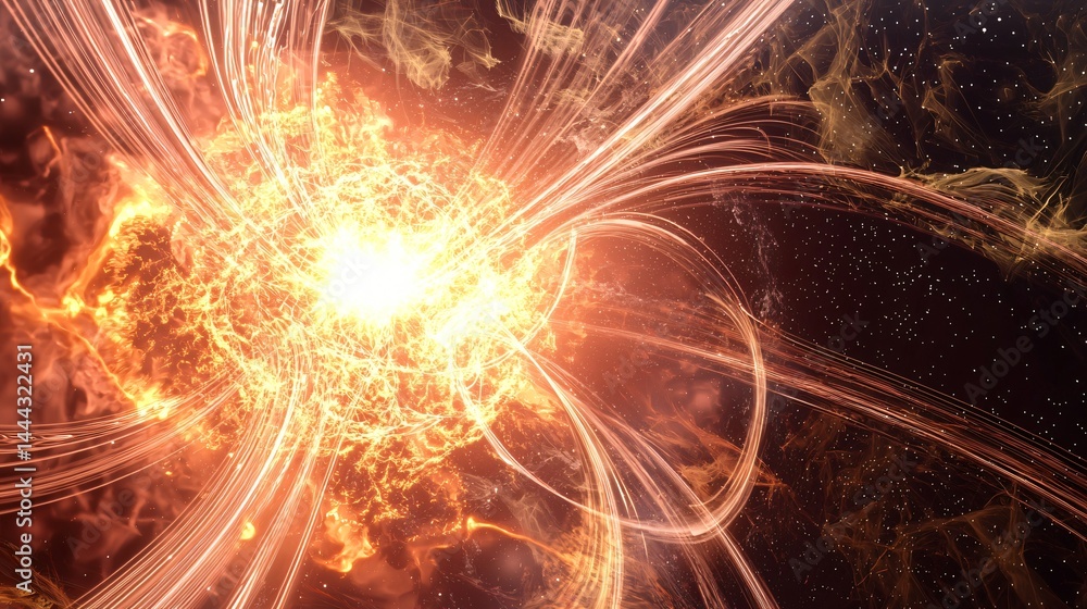 Poster a dramatic moment capturing a star exploding in the air with celestial energy fields and hyperbolic 