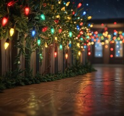 Naklejka premium Vibrant red, green, blue, & yellow Christmas lights twinkle festively , twinkling, shiny, bright