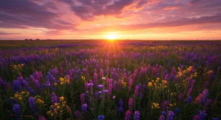Fototapeta premium Colorful Wildflower Field at Sunset with Dreamy Golden Hour Light