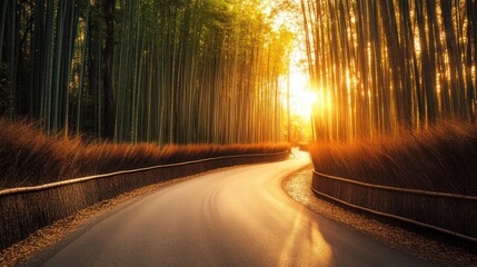 Sunset Road Through Bamboo Forest in Japan