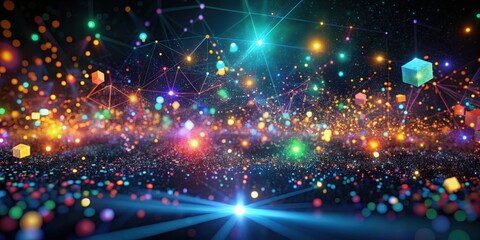 Fototapeta premium Swarm of glowing particles filling a dark abstract space with scattered geometric shapes and vibrant colors, glowing elements, dynamic visuals