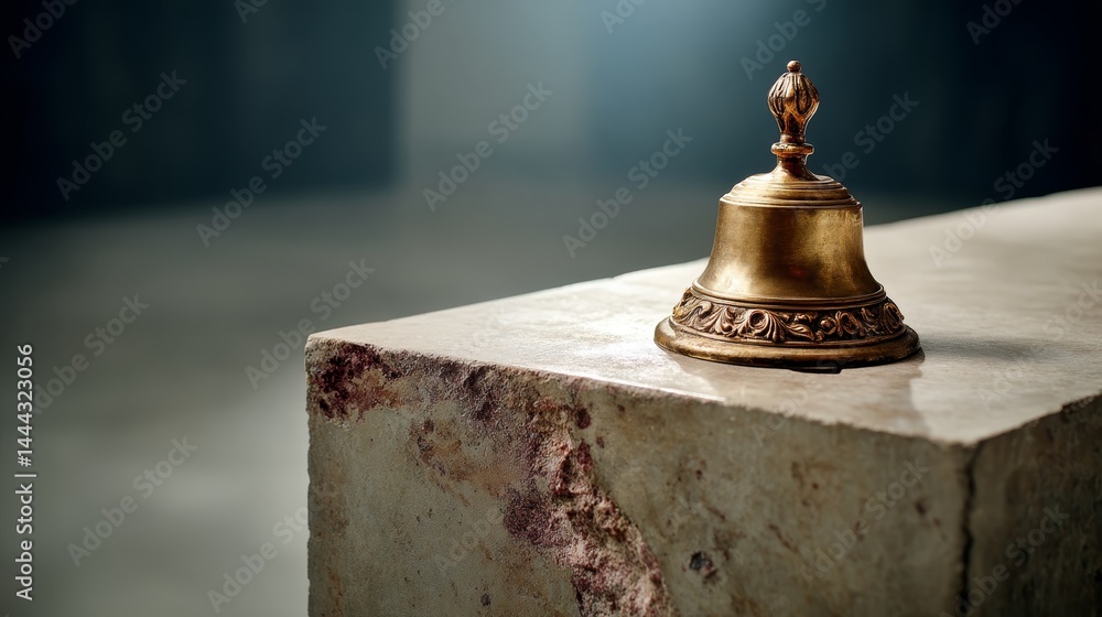 Aufkleber a classic metal desk bell with intricate bronze designs sits on a smooth stone surface, illuminated 