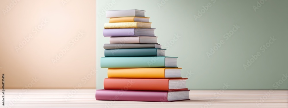 Poster stack of colorful books gradually increasing in size, placed neatly against pastel background