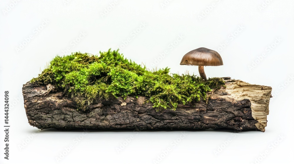 Poster close-up of a decayed log with dense green moss and a single mushroom, clean side view, white backgr