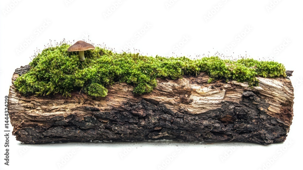 Poster close-up of a decayed log with dense green moss and a single mushroom, clean side view, white backgr