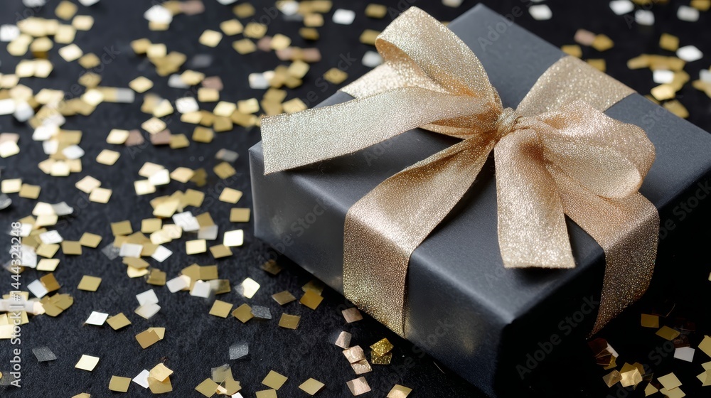 Aufkleber a close-up view features a matte black present box adorned with a metallic gold ribbon, surrounded b