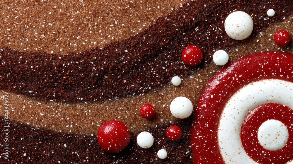 Poster Textured dessert surface features dark undulating waves alongside bold red and white round patterns, creating a striking visual perfect for creative projects