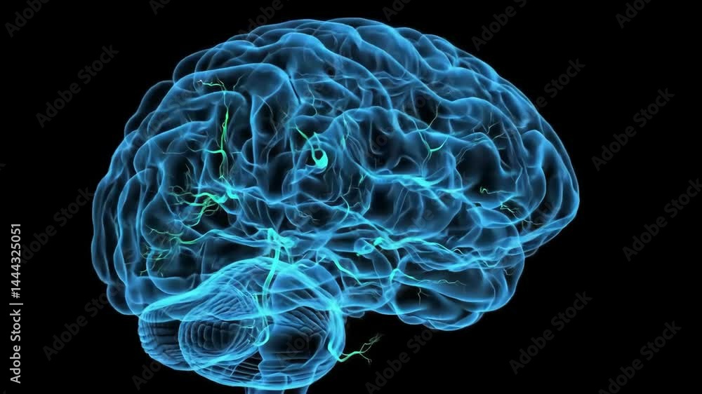 Poster loopable animation of a glowing human brain with neural pathways and electrical pulses. ideal for me