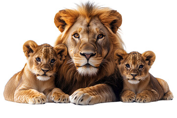 A lion with two cubs on transparent background PNG