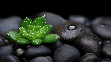 Small succulent plant on dark stones