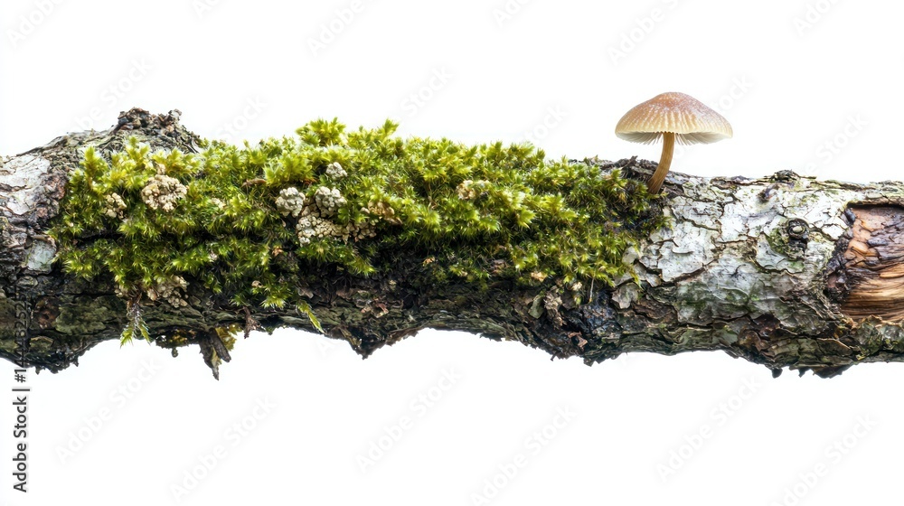 Aufkleber close-up of a rotting tree branch with a fresh green moss layer and a tiny mushroom, isolated, side 