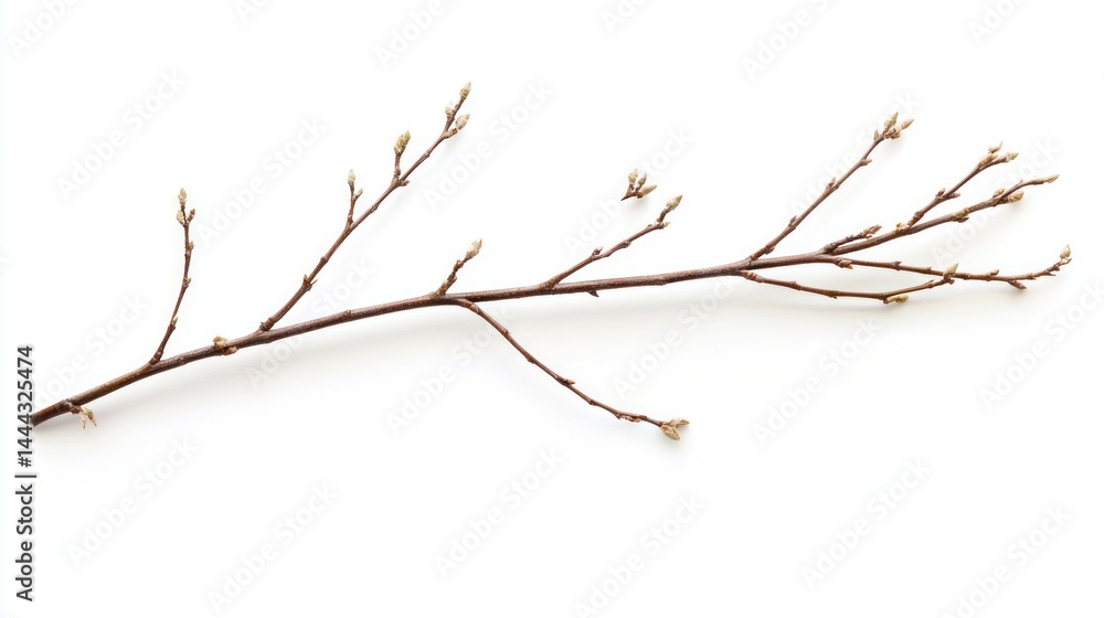 Poster close-up of a single dry willow branch with delicate twigs, isolated on a white background