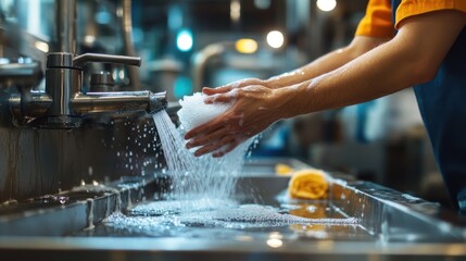 Hygiene Practices: Close-up of Hands Washing Thoroughly Under Running Water in a Commercial Kitchen Sink, Emphasizing Cleanliness and Food Safety Standards