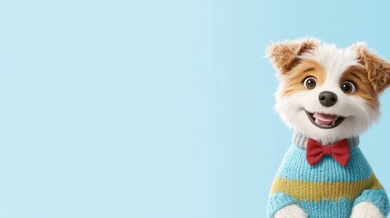 Cartoon dog in a sweater, looking directly at the viewer against a light blue background