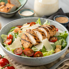 Caesar salad with grilled chicken breast parmesan