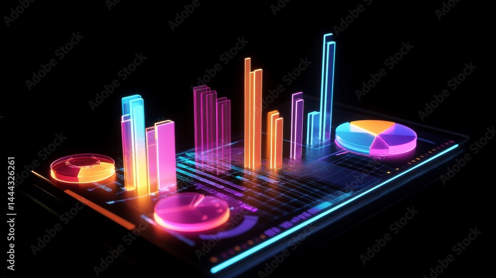 Poster neon glowing charts and graphs on a digital screen displaying financial data, statistics, and analyt