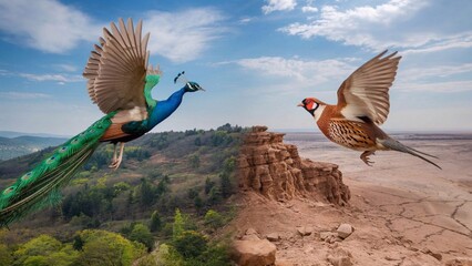 Birds in Opposite Flight: An image of two birds, colored as the national birds (Indian peacock and chakor partridge), flying in opposite directions against a backdrop of a divided landscape.