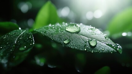 Dewy green leaves close-up