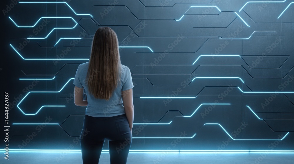 Poster woman cyber security expert analyzing holographic data streams in a dark tech command center