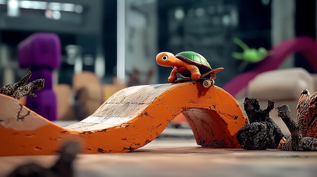A small turtle skateboarding on an orange ramp in a vibrant indoor setting with toys