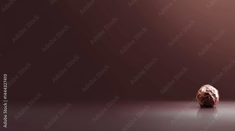 Poster richly textured dark chocolate truffle elegantly placed against a deep brown background, showcasing 