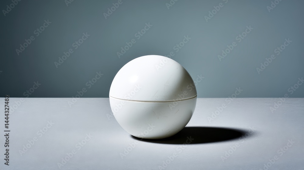 Poster A matte white sphere is placed on a smooth gray surface, illuminated by bright lighting that creates a defined shadow, with blank space on one side