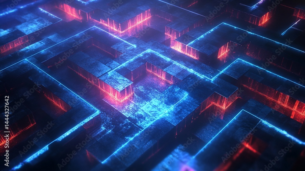 Poster futuristic tech grid: abstract glowing network with neon light pathways