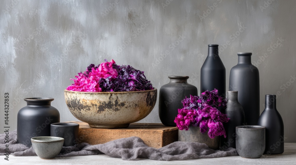 Poster A rustic ceramic bowl displays vibrant beetroot and cabbage slaw surrounded by stylish matte black glassware on a dark textured surface creating an inviting setup