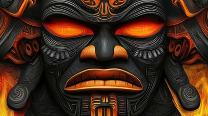 Fierce tribal mask with intricate details and fiery orange eyes.